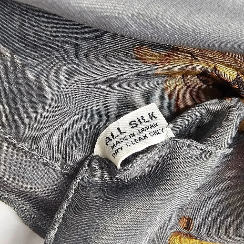 VTG Baar & Beards 100% Silk Scarf Gray Rose Floral Gold Scroll Japan Oblong